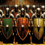 AI image of a Roman phlanx of soldiers with their shields. Accountability and guardrails to defeat porn