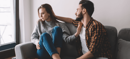 Couple sitting together, wife is sad, how to help your wife heal